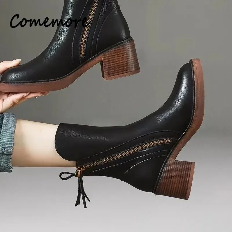 Comemore-Botines Retro de estilo versátil para mujer, botas de tacón alto, de cuero de goma, a la moda, novedad de otoño e invierno, 34, 2023