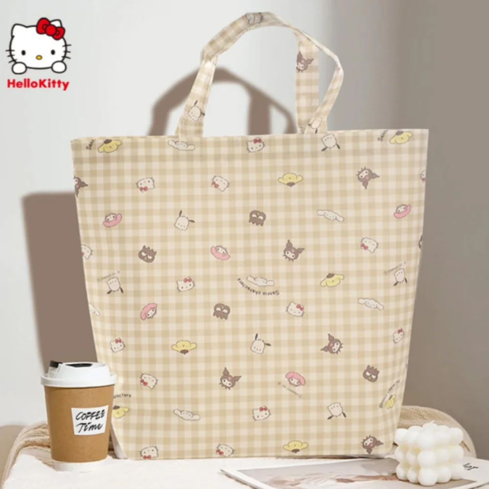 Geräumige, große Tragetasche aus Canvas mit Karomuster, Hello Kitty, Kuromi, Pompompurin, mit Allover-Print, wiederverwendbare Schulterhandtasche.