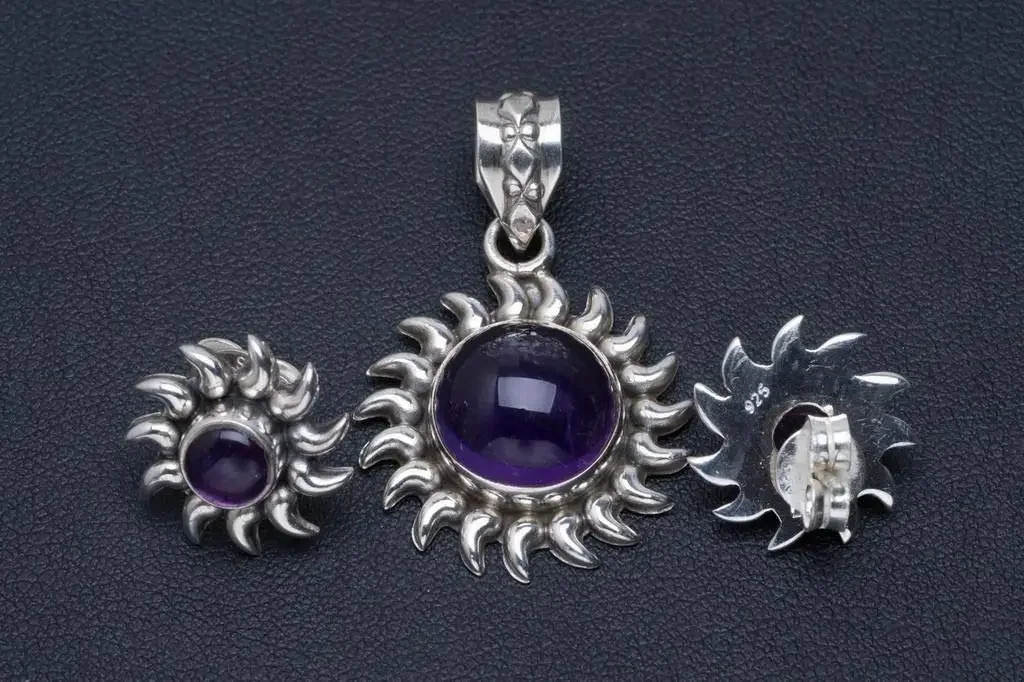 

Hesy® Natural Amethyst Handmade Unique 925 Sterling Silver Jewelry Set Pendant 1.5" Studs 0.5" A3751