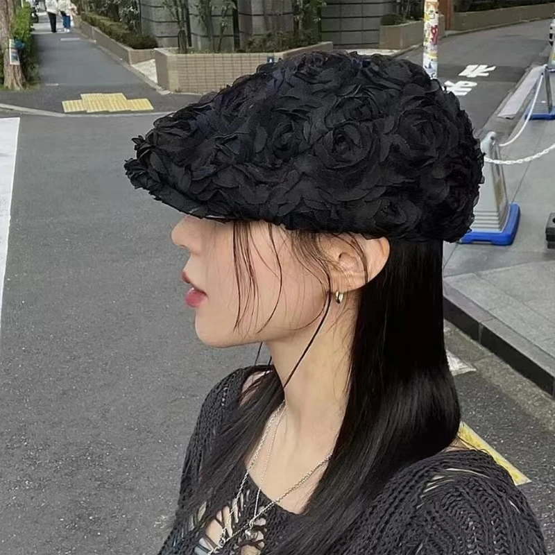 French Hat with Rose Flower Decal Spring Hat Painter Hat for Adult Skin Friendly Peaked Hat