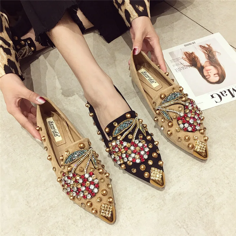 Woman Flats Shoes Rhinestone Cherry Spring New Female Metal Pointed Toe Casaul Shoes Comfortable Flats Loafers Shoes Plus Size43