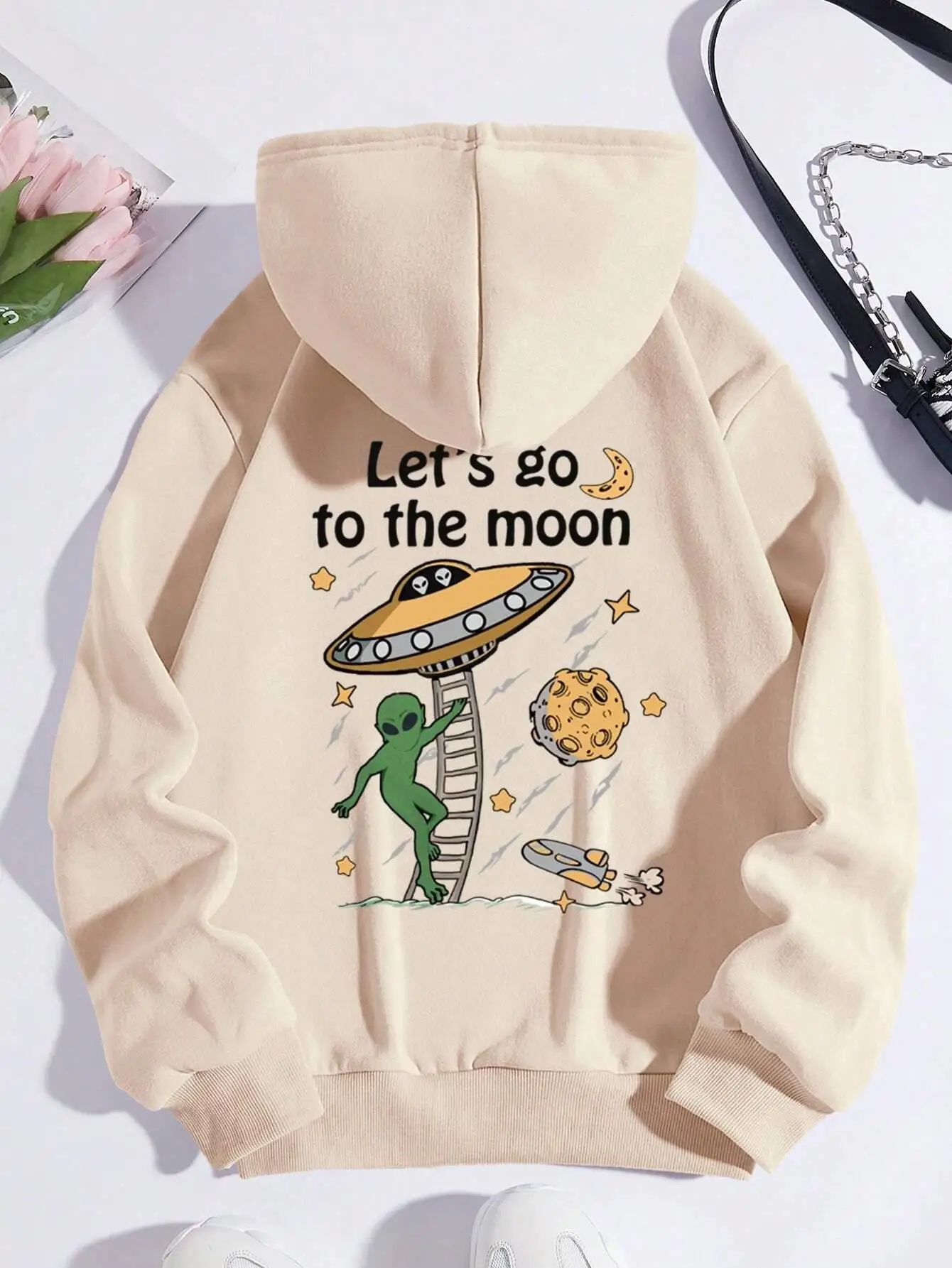 let\'s Go To The Moon Alien UFO Hoody Women\'s Street Casual Breathable Sweatshirt Autumn Loose Hooded Simple Fleece Pullover Tops
