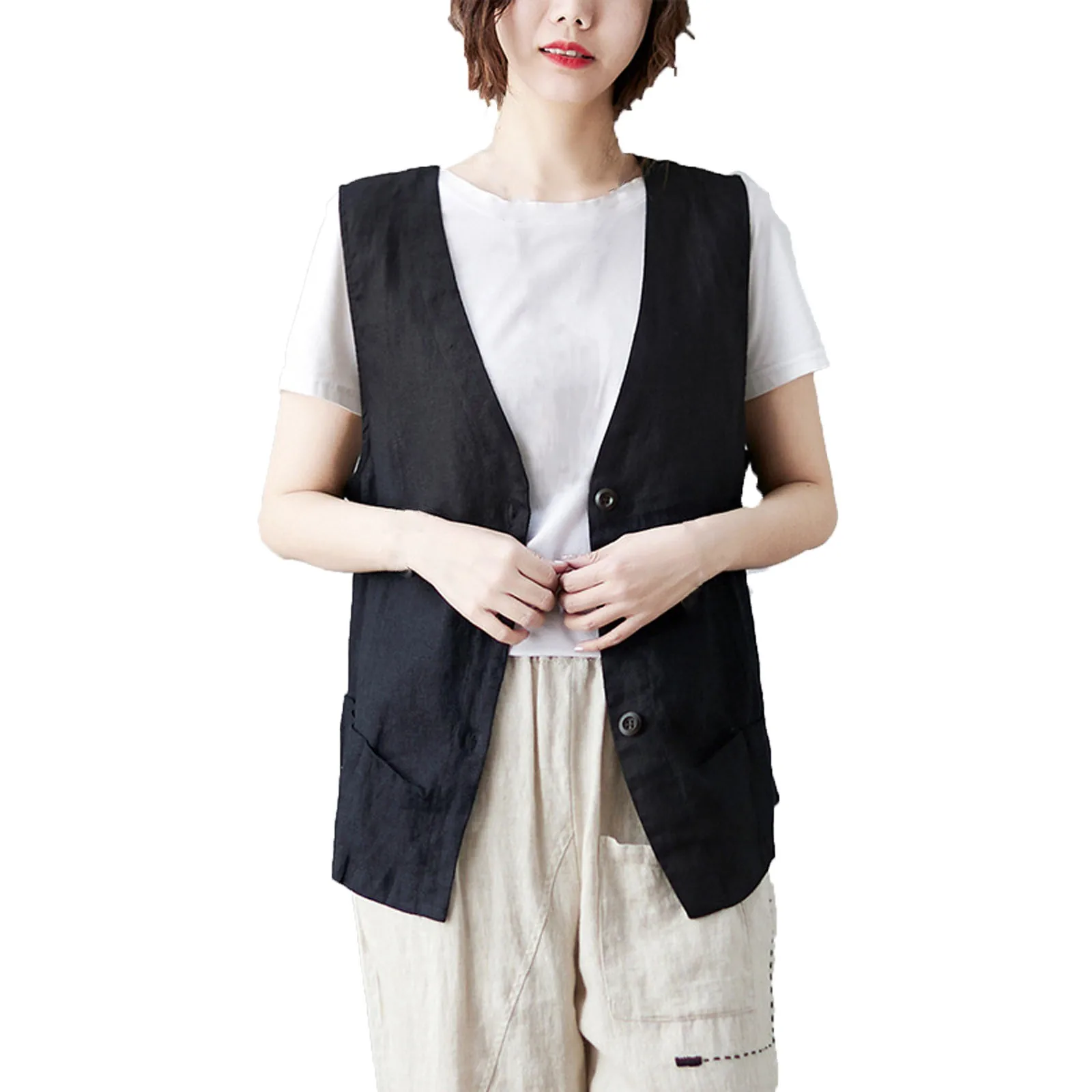 

Girls' Solid Color Fashionable Cool Hip Pop Sleeveless Cotton Linen Vest Button Down V-Neck Waistcoat Jacket Versatile And Daily