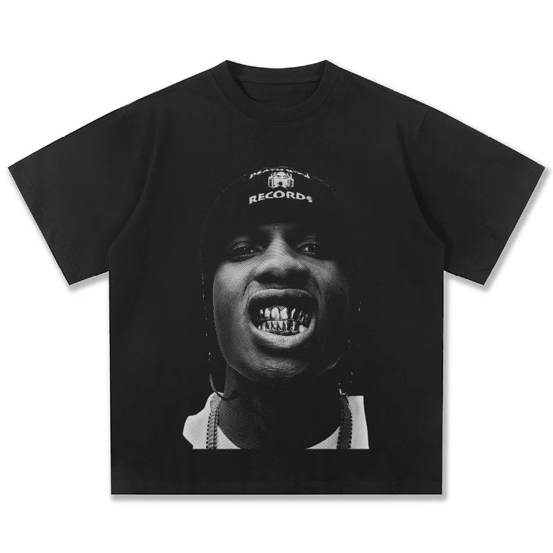 

2025 Asap Rocky American Hip Hop Head Vintage Print Fashion Loose Heavy Cotton Men's and Women's Short Sleeve T-shirt