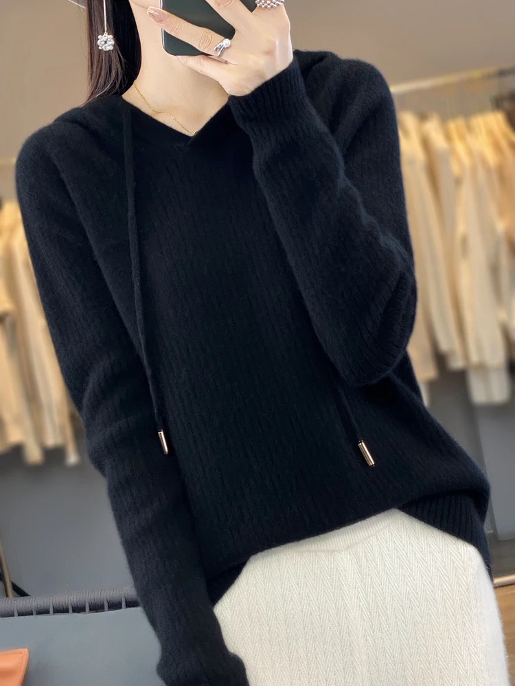 Femminile 100% lana Merino maglione Cashmere maglieria Pullover di alta qualità primavera autunno felpa con cappuccio Comfort caldo abbigliamento donna top