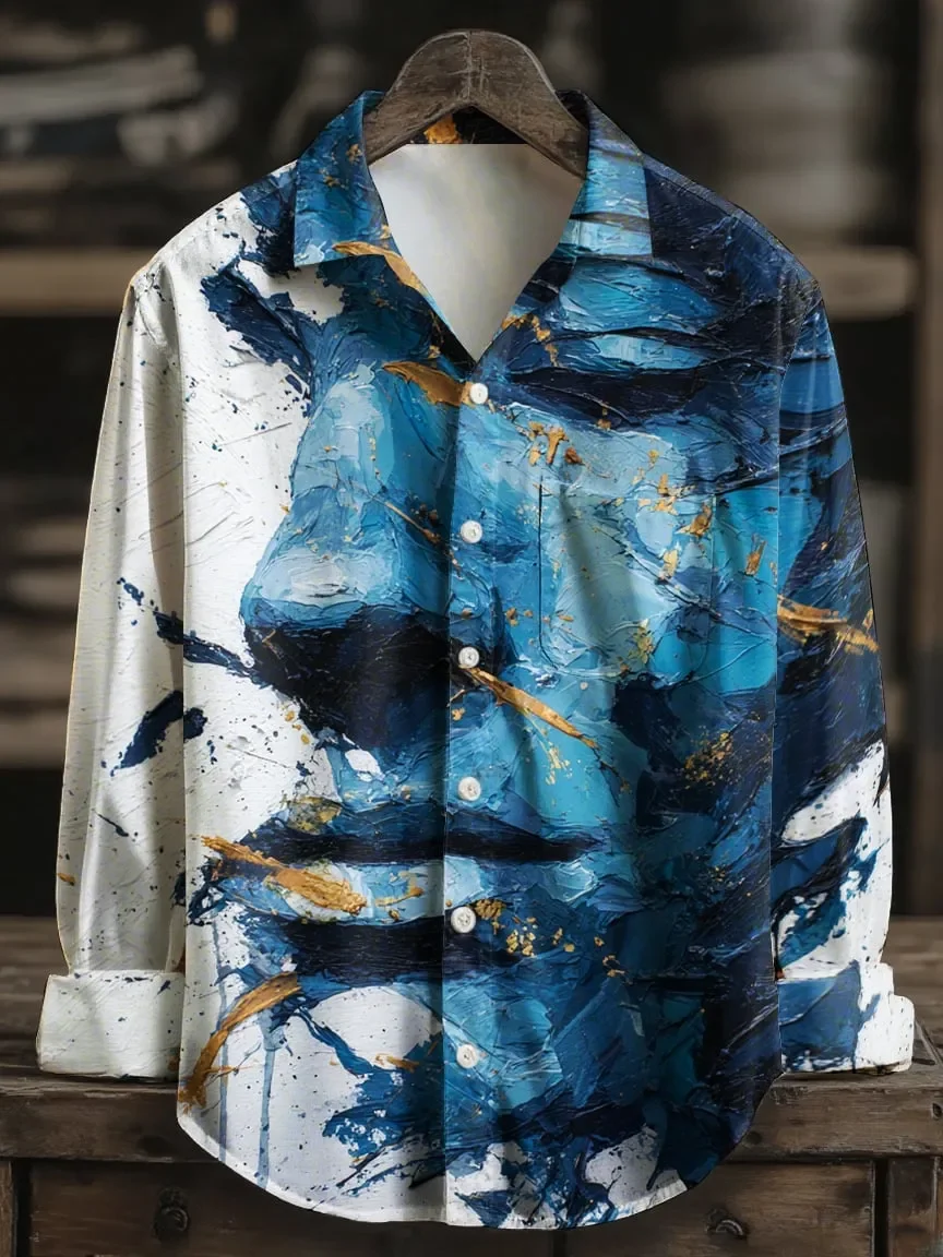 

New Chinese style Xianhe ink 3D printed men's long sleeved shirt linen style Zen casual shirt clothing top