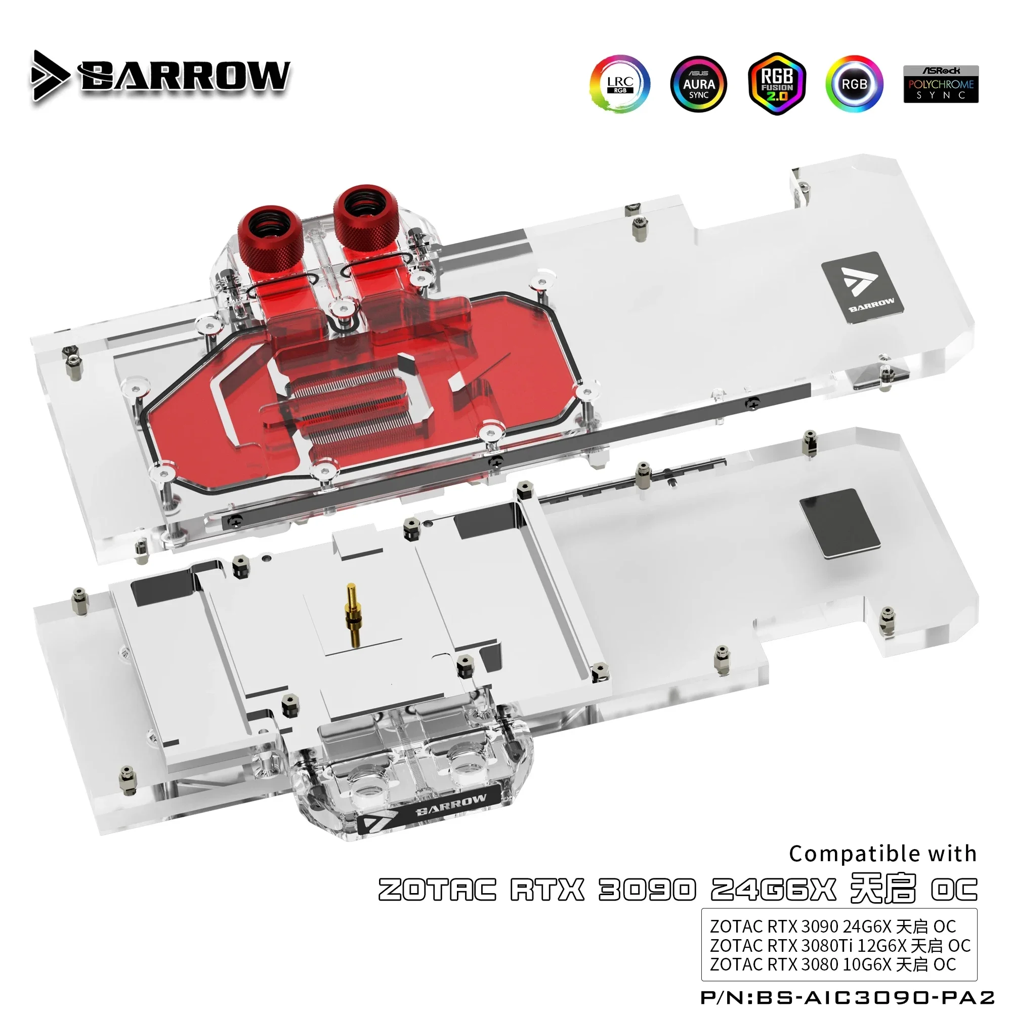 

BARROW Water Block use for ZOTAC RTX 3090 24G6X OC/3080 10G/3080 TI 12G/6X OC GPU card 5V Header ARGB BS-AIC3090-PA