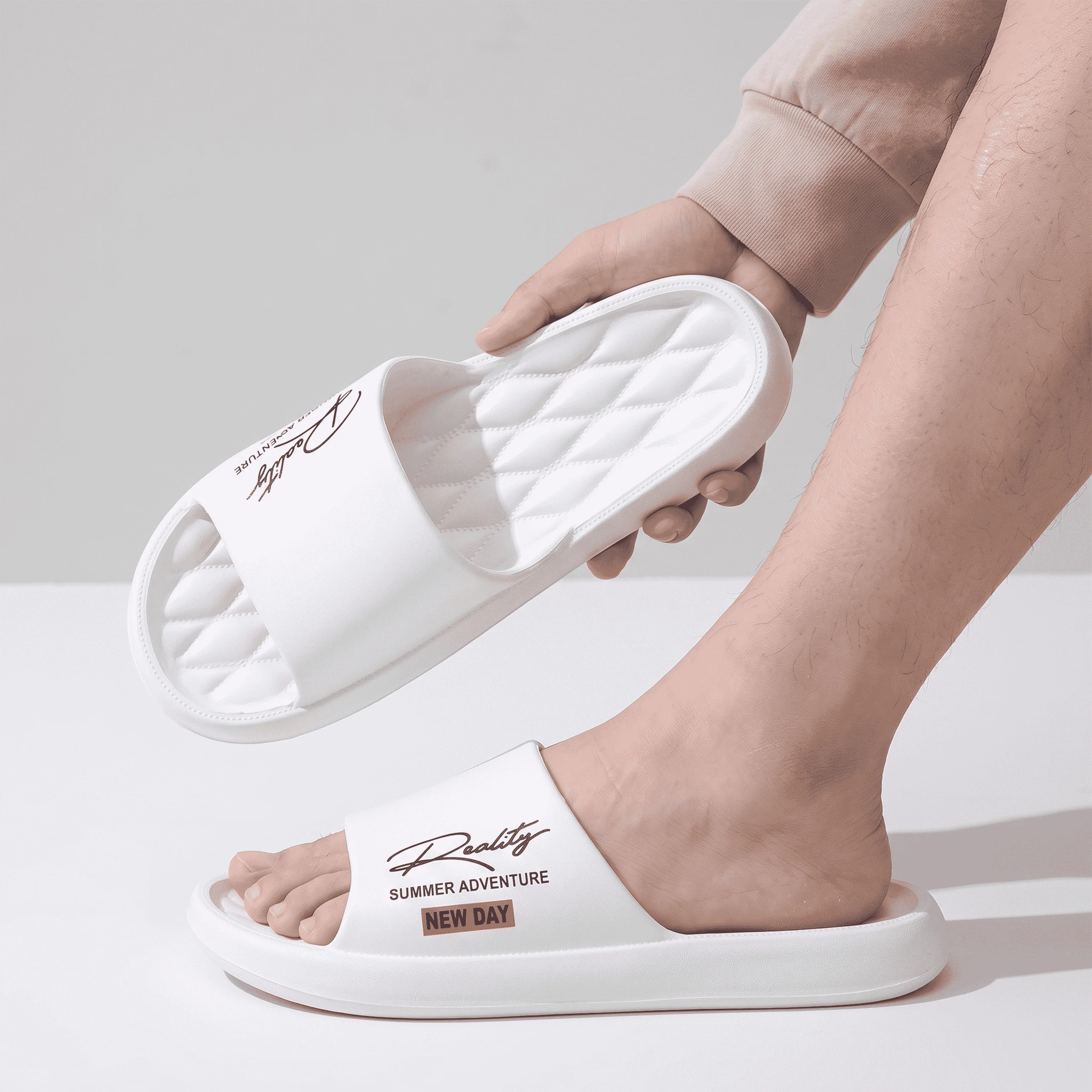Summer Rhombus Texture Slide Sandals Soft Springy Foot Feel Secure Grip Versatile Daily Shower Flat Sandals