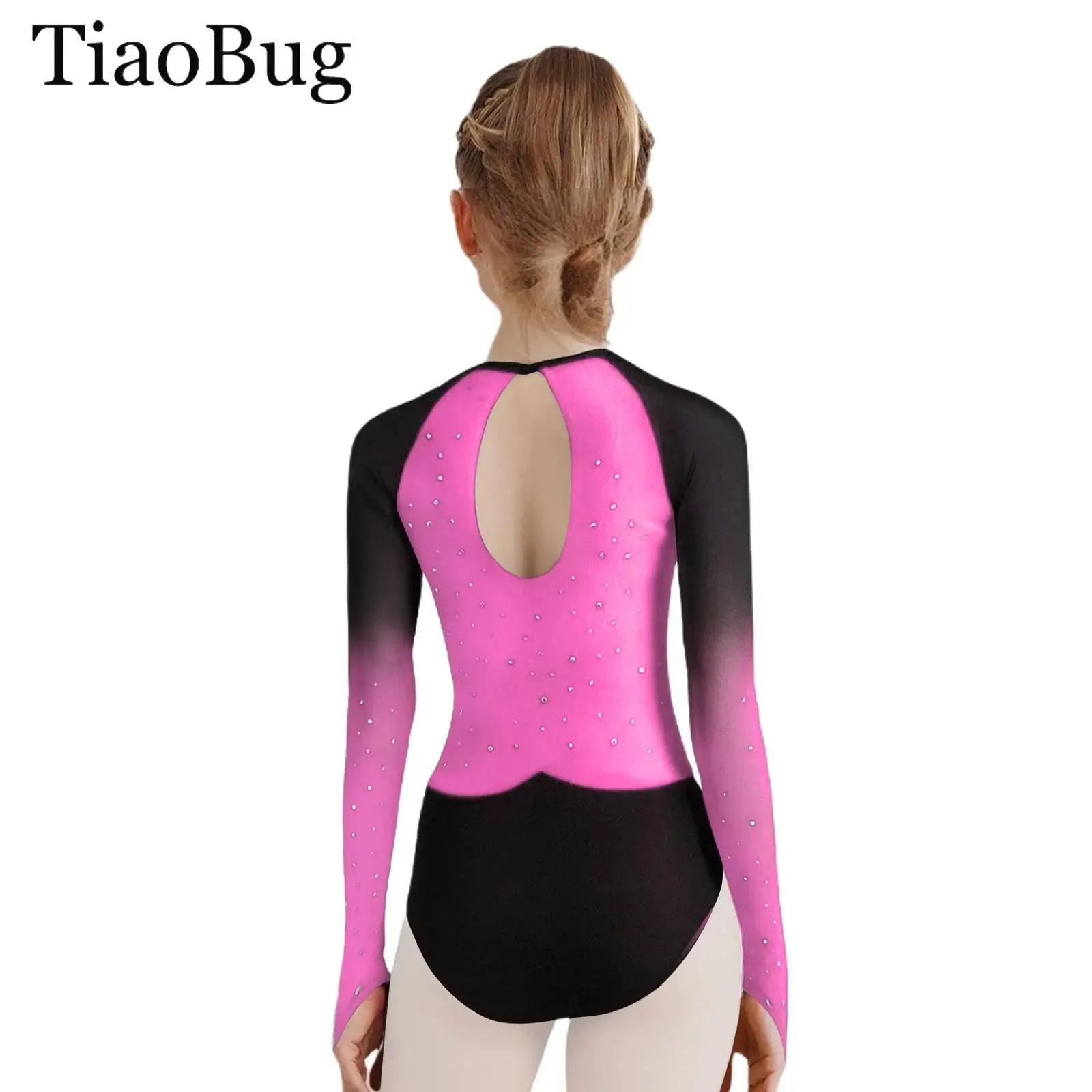

Kids Girls Rhinestones Gymnastics Dance Leotard Long Sleeves Sheer Mesh Figure Skating Costume Ballet Jersey Unitards Bodysuits
