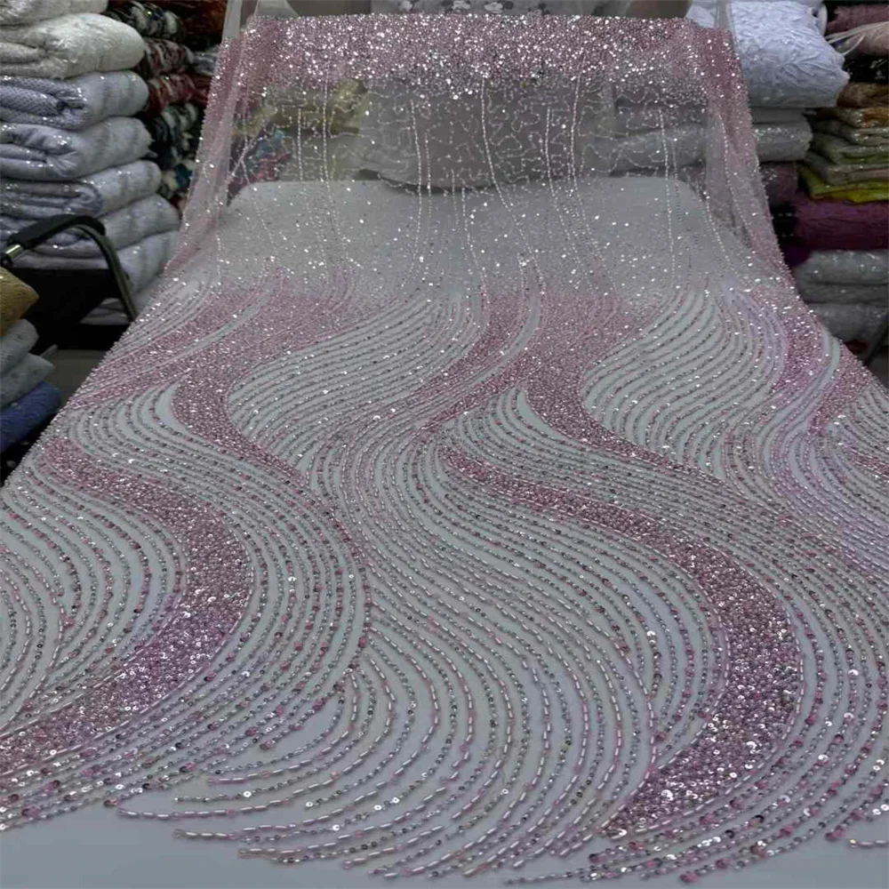 Tissu Africain en Dentelle Perlée de Haute Qualité pour Robe de Mariée, Tulle, Maille, Paillettes, 5 Yards, 2024