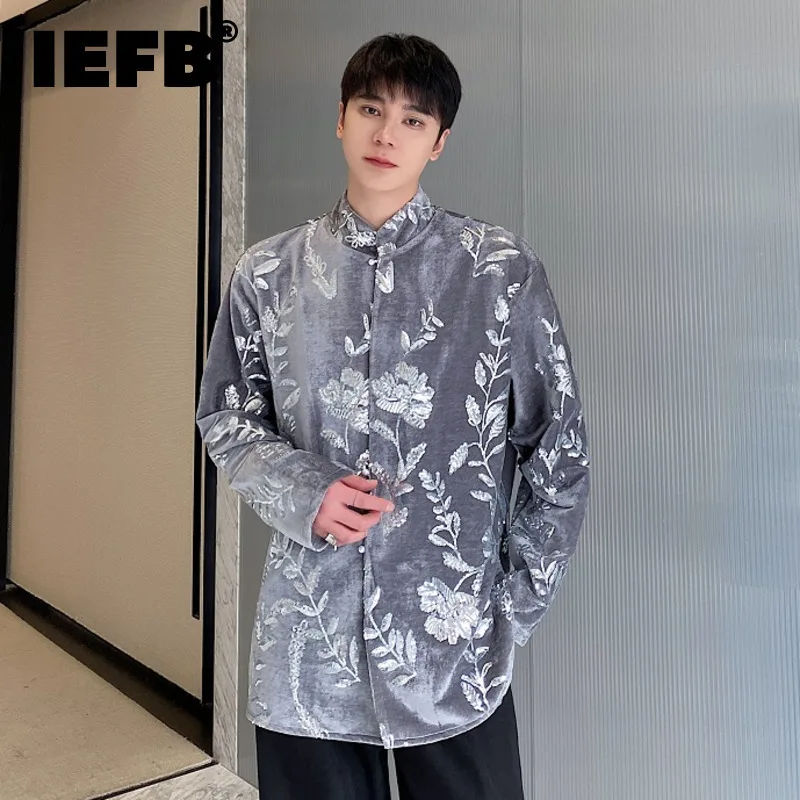 IEFB New Autumn Men's Shirts Flower Embroidery Sequins Stand Collar Long Sleeve Loose Contrast Color Male Clothing Niche 9C7534