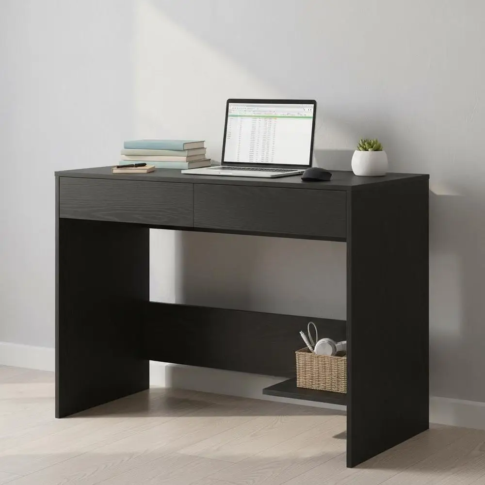 Bureau d'ordinateur avec 2 tiroirs, finition en placage de chêne noir, construction robuste, table d'étude pour bureau à domicile, bureau spacieux facile à nettoyer pour la maison et l'école, 101x50x76,5 cm