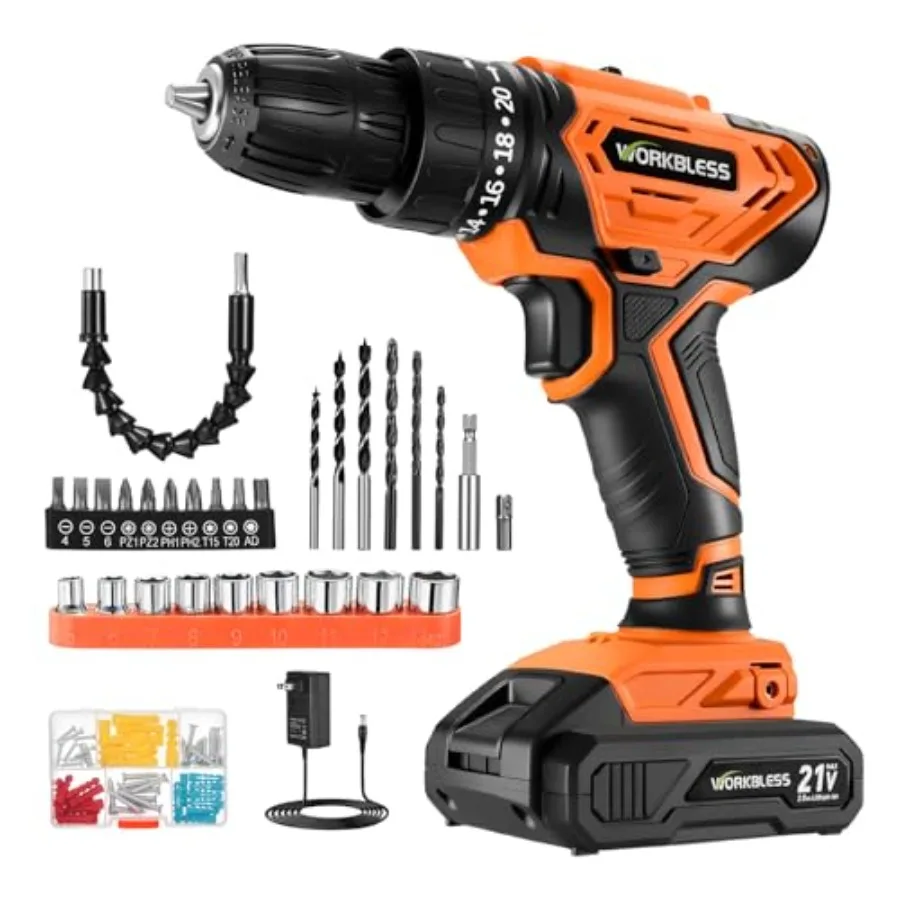 

Cordless Drill, Power Drill Set with 1 Battery and Charger, 40Nm, 20+1 Torque, 2 Speed, Keyless 3/8" Electric Screwdriver with