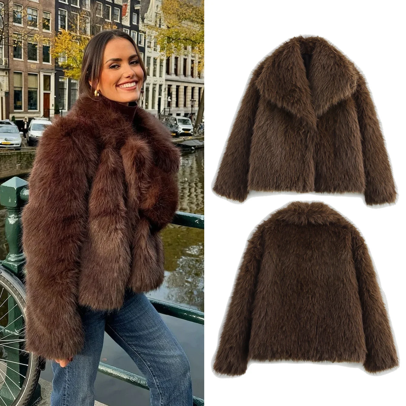 Taop&Za women's 2024 autumn and winter new coat with lapel and faux fur effect, solid color commuting temperament short coat