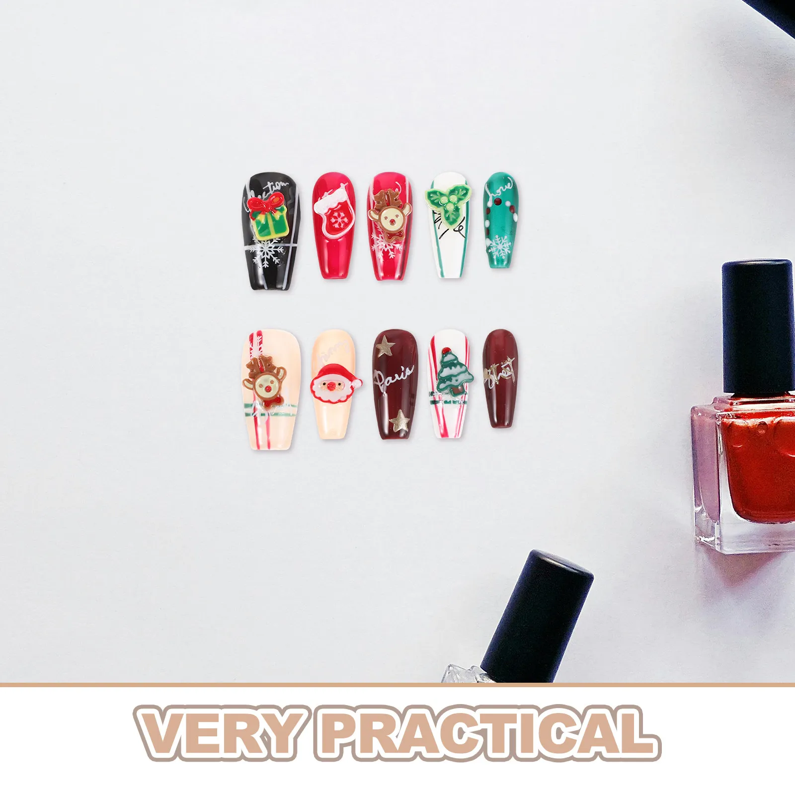 1Set Christmas Press on Nail Set Full Cover Reusable Santa Snowflake Christmas Tree Red White Fake Nail Tips Holiday Party Nails