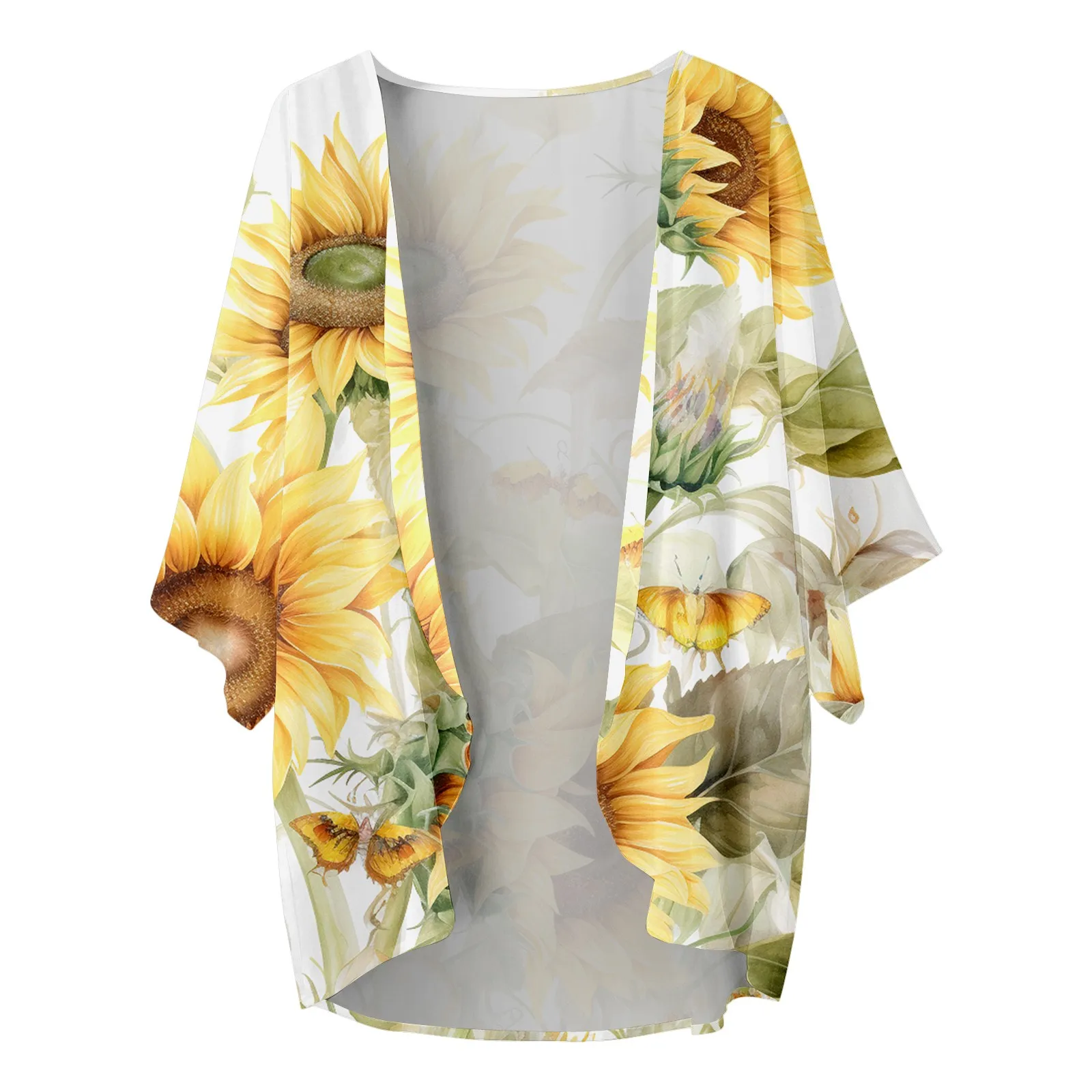 Sunflower Print Cardigan Summer Holiday Beach Loose Casual Cover Up Fashion Open Front Outwears Tops Irregularity Women Clothes