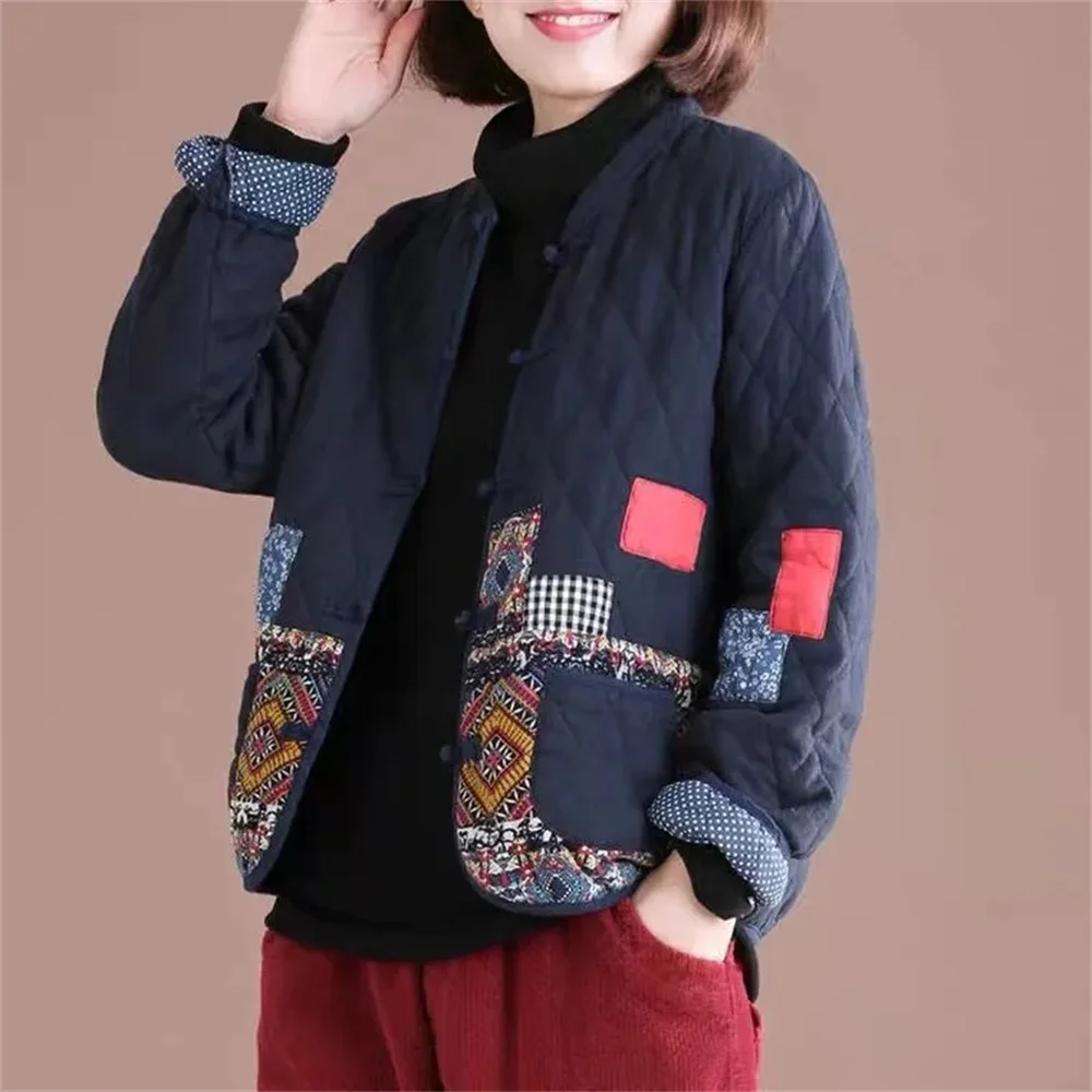 

Cotton And Linen Printed Thick Jacket Autumn Winter Outerwear Women's Plus Size Retro Button Clip Female's Quilted Cotton Coat