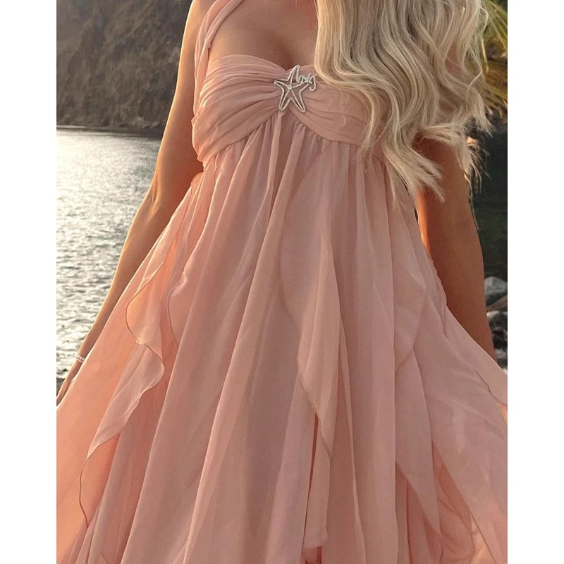 Women Summer Boho Sleeveless Choker Halter Rhinestone Starfish Decor Backless Irregular Ruffled Hem A-line Long Dress