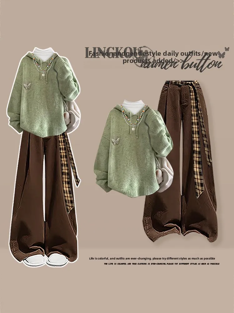 

Women's Knitted Casual Three-Piece Set Large Size Autumn Winter Vintage Style Hoodie Base Shirt And Loose Pants Ensemble