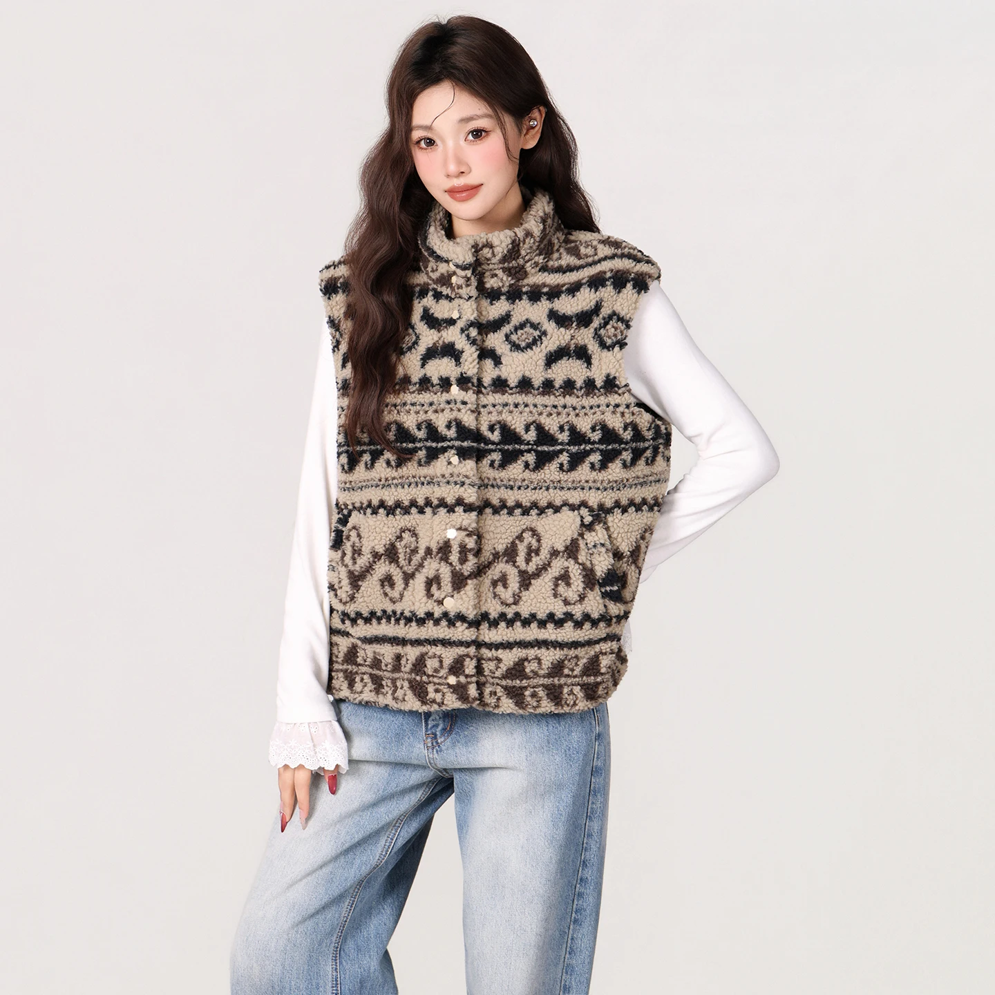 

Retro Pattern Lamb Fur Vest Women's 2025 Autumn Winter New Sle Versatile Jaet Trendy Inner Wear Plant Floral Design