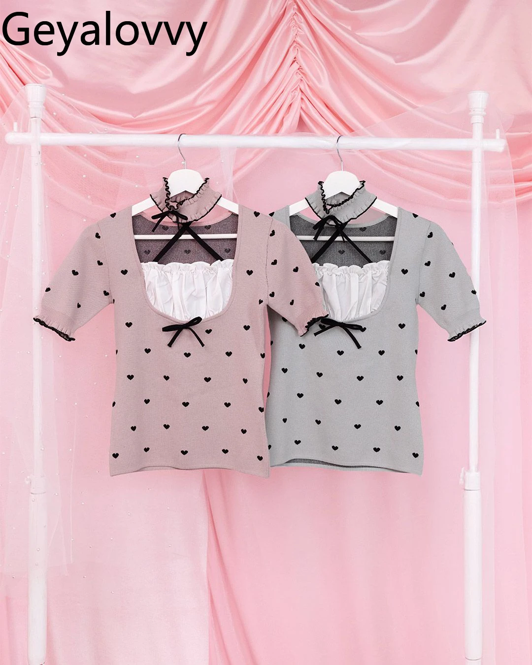 

Japanese Style Girl T-shirts Love Polka Dot Knitted Top Bow Short Sleeve Tops for Women 2025 New Sweet and Versatile Casual Tees