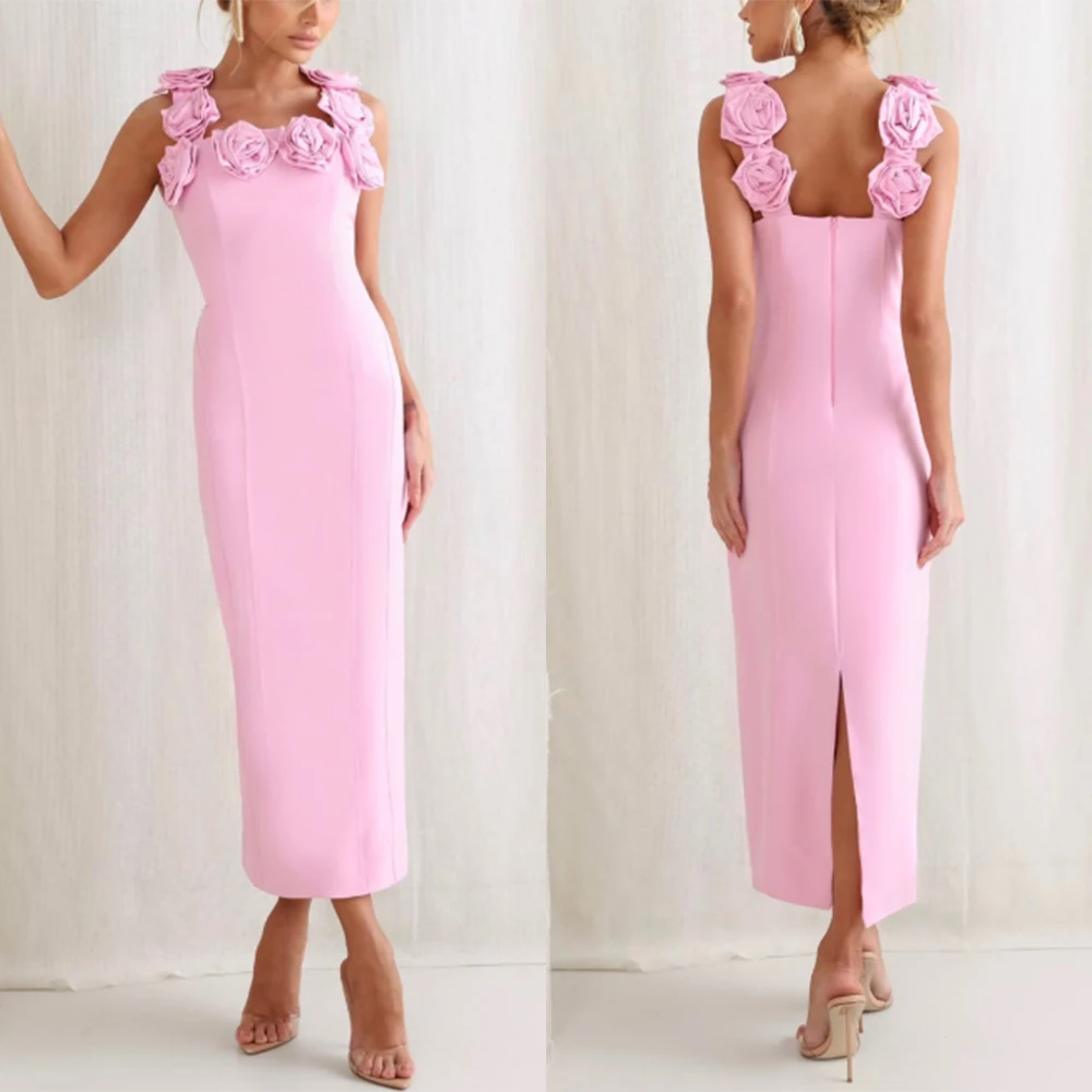 High Quality Customized Ankle Length Flowers Pink Sleeveless Backless Zipper Vestidos Para Bodas Mujer Invitada فساتين السهرة