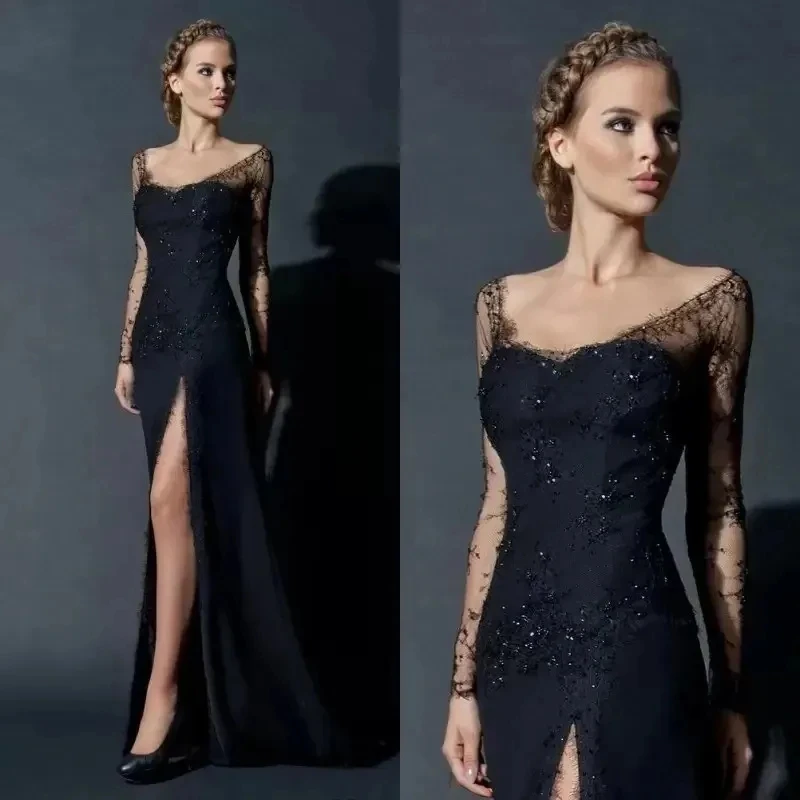 

Luxurious Mermaid Sexy Black Evening dress 2024 Long Illusion sleeve boat-neck beaded split long women's Ball formal party dress