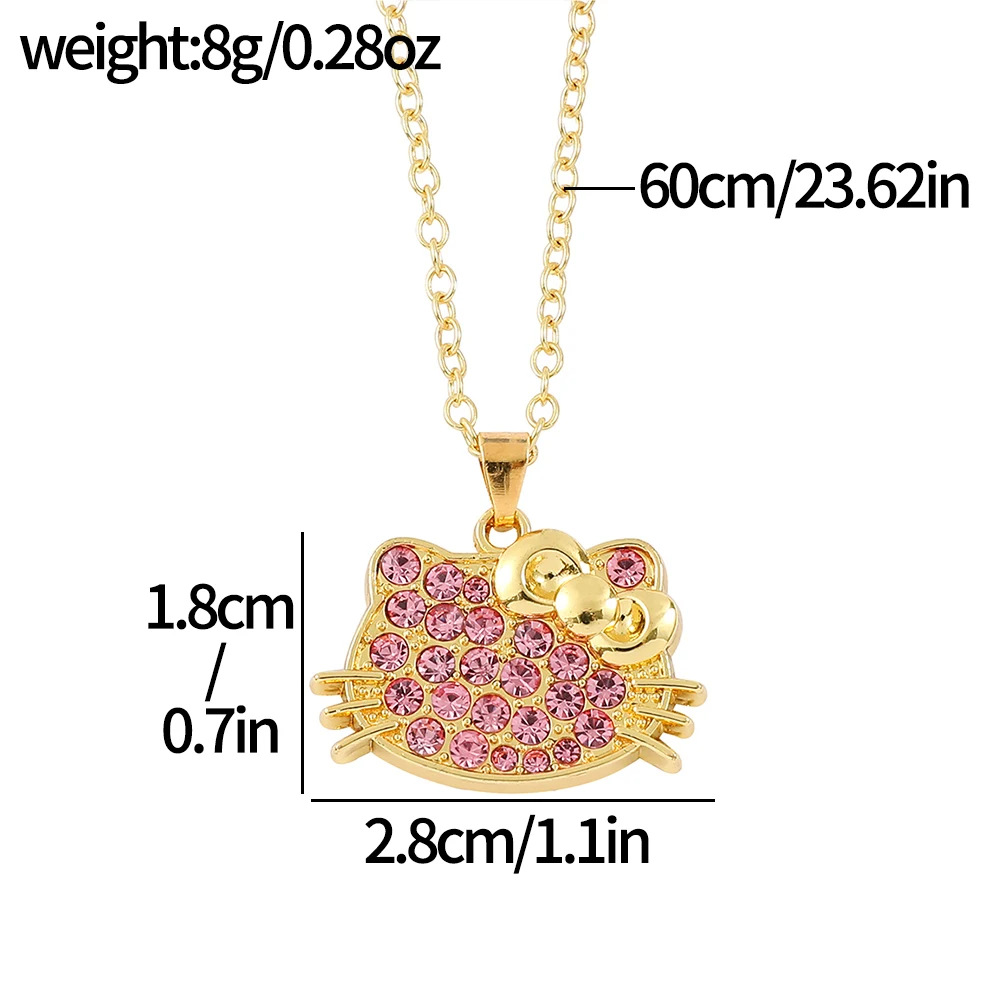 Anime Sanrio Hello Kitty Necklace Cute Cartoon Figure KT Cat Pink Rhinestones Metal Pendant Necklace Charm Jewelry Accessories