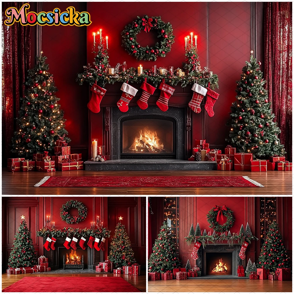 

Mocsicka Christmas Fireplace Background Photography Red Wall Tree Party Family Backdrop Indoor Home Decor Photo Studio Wallpaper