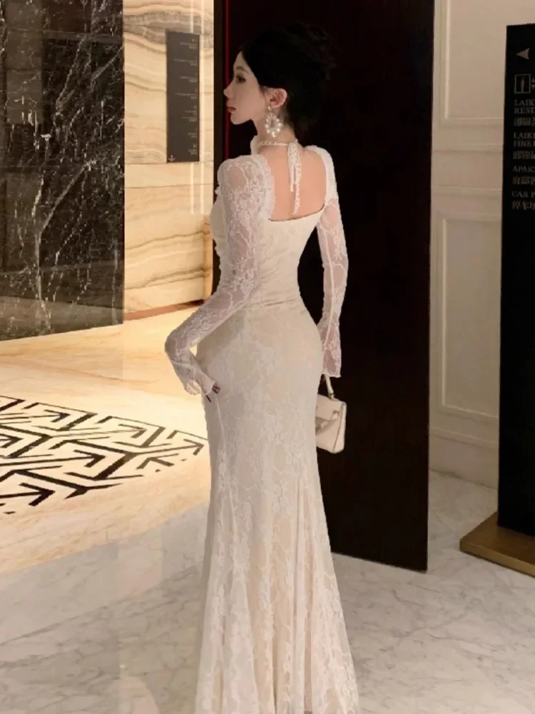 Topanoma Wedding Party Evening Dresses Women Lace Patchwork Square Collar Flare Long Sleeve Slim Cocktail Dress Birthday Sexy