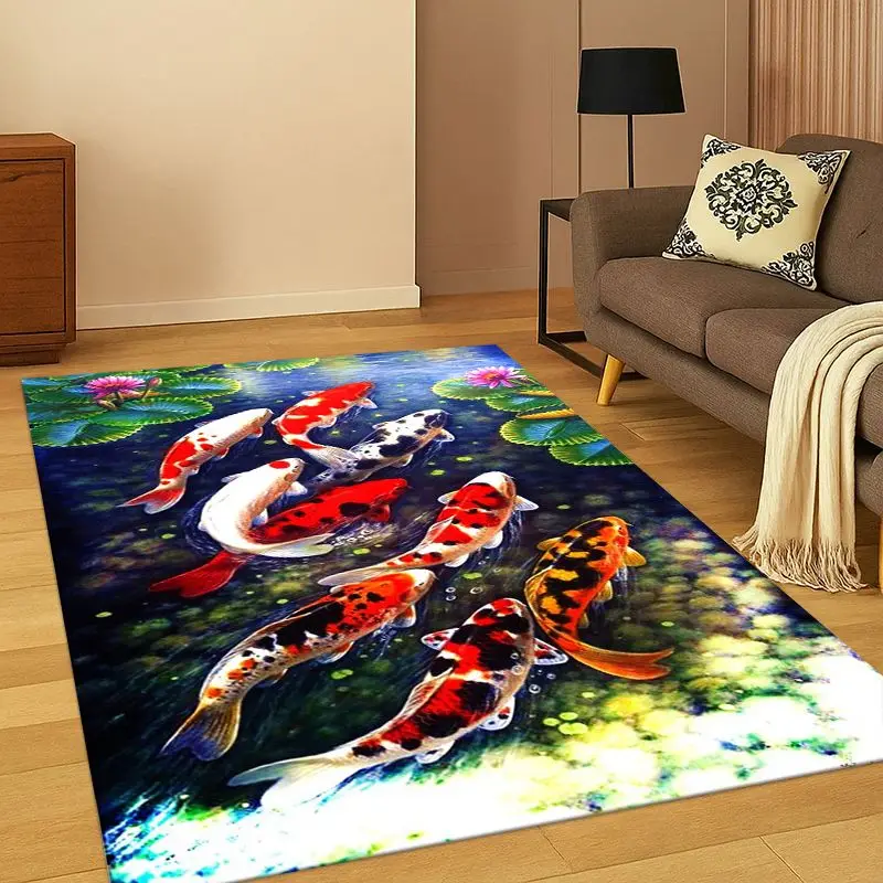 GOOD LUCK Koi Fish Yin Yang Carp Cartoon Carpet Rug for Bedroom Living Room Sofa Playroom Doormat Home Decor,Area Rug Non-slip