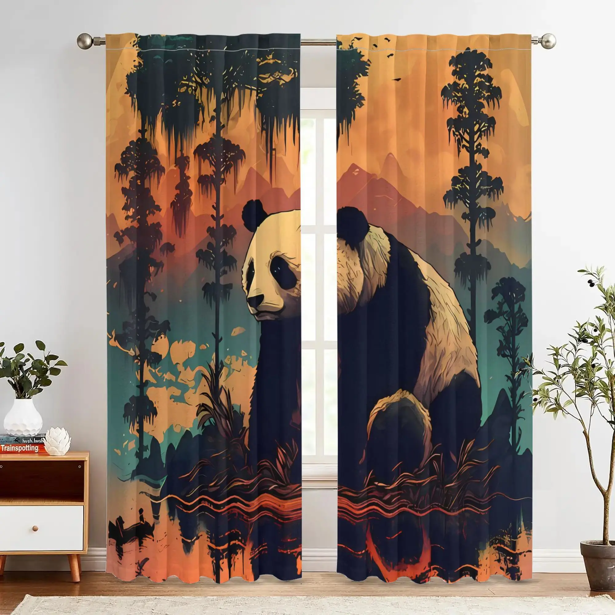 2pcs Vintage Panda Print Blackout Curtains - Matte Polyester, Rod Pocket Design with Eyelet, Machine Washable, Fashionable