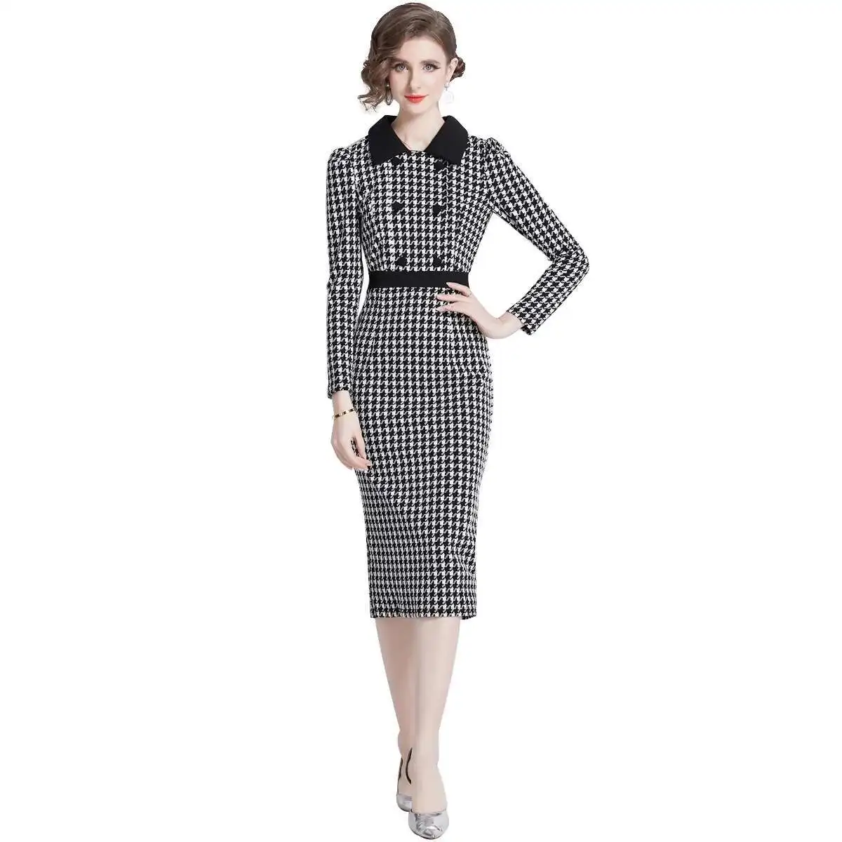 Fashion Black White Checkered Houndstooth Dress Women Long Sleeve Sheash Pencil Midi Dresses Office Lady Double Breasted