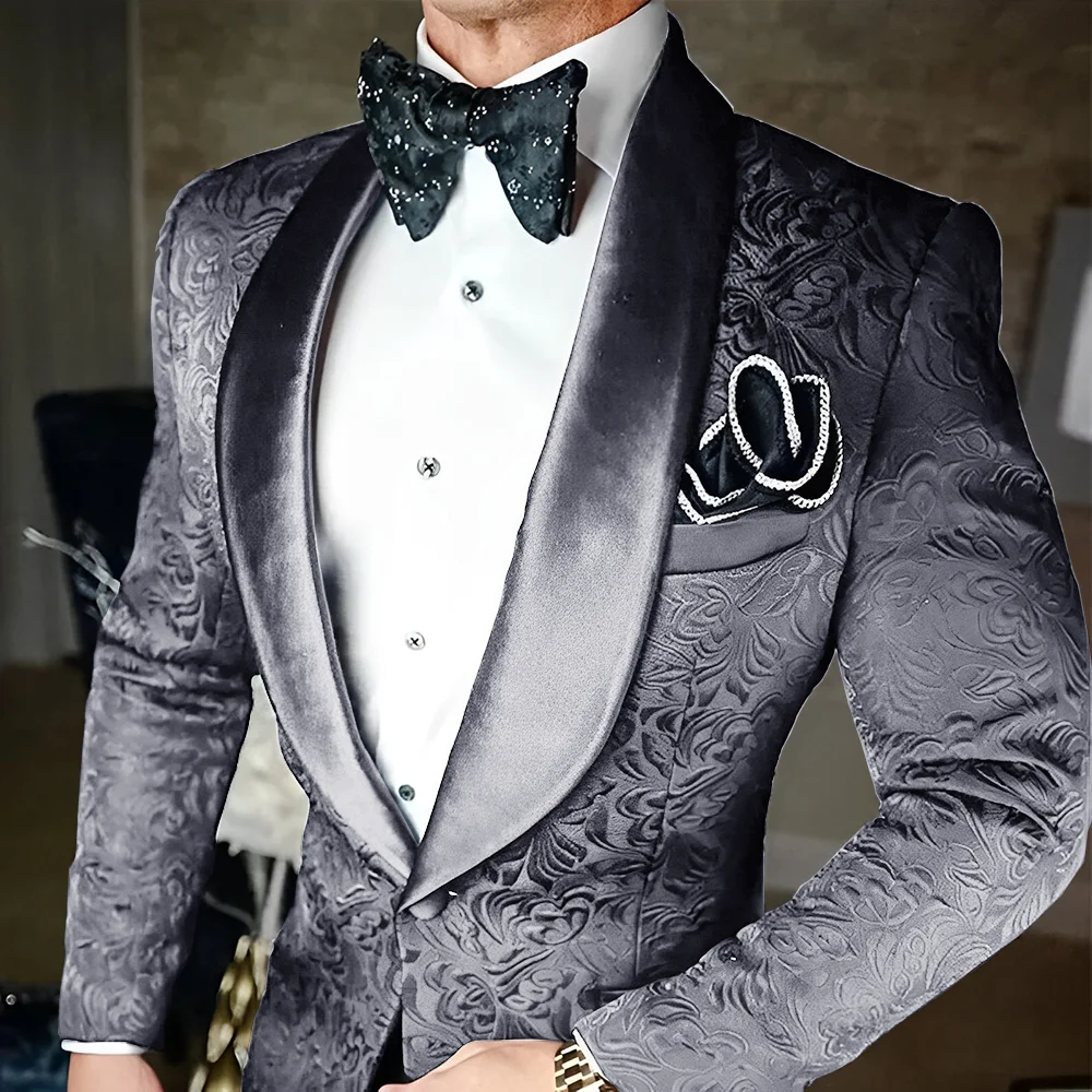 Black Jacquard Men\'s Suit 2 Piece Set High Quality Formal Wedding Groom Tuxedo Slim Fit Design XS-5XL Party Dress