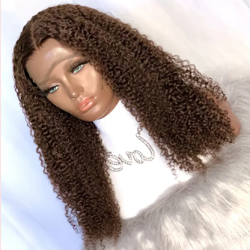 

Предварительно выщипанные парики длиной 26 дюймов, плотность 180, коричневые, странные, вьющиеся, мягкие, глубокие, кружевные передние парики для женщин с волосами ребенка, бесклеевые, на каждый день