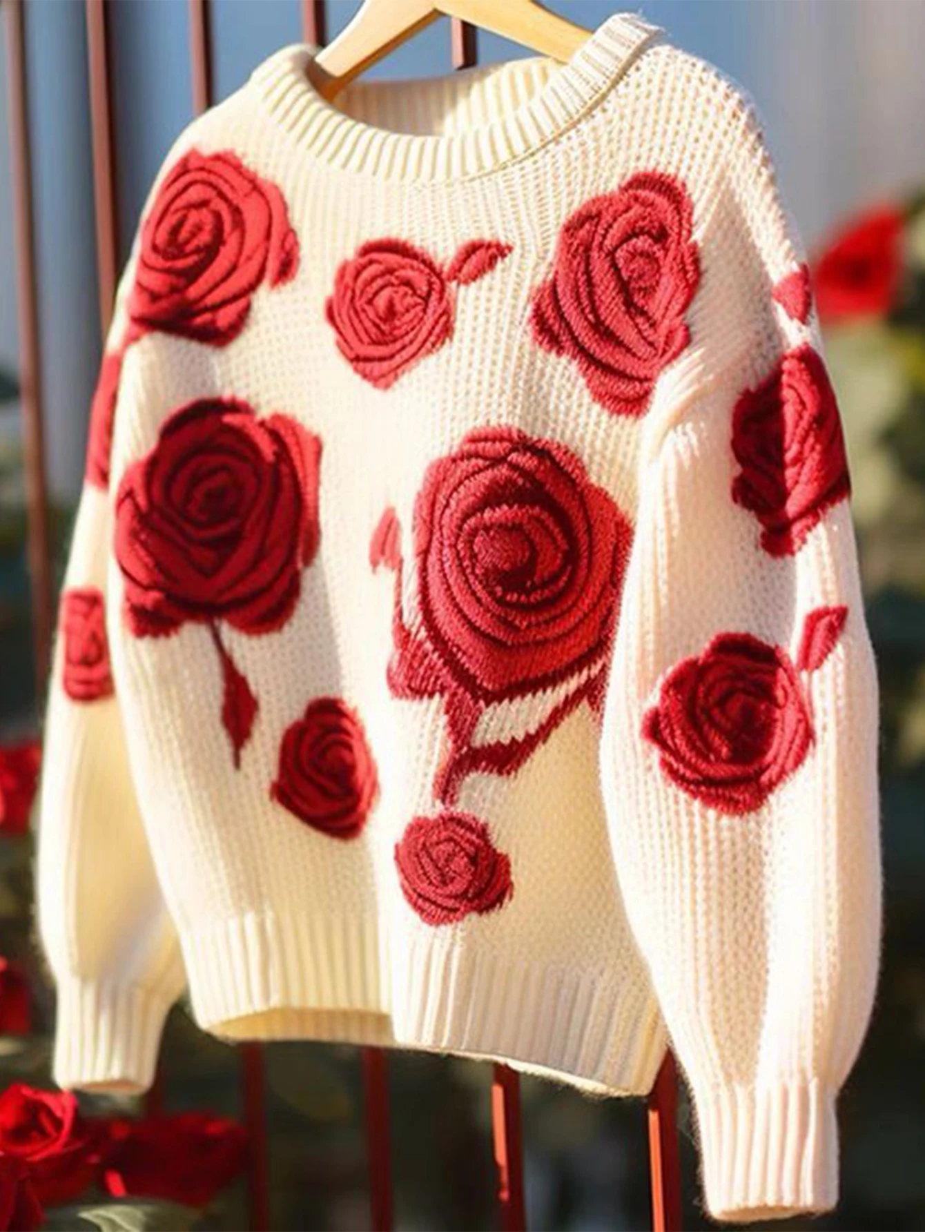 

Женский трикотаж с длинными рукавами-фонариками и круглым вырезом, элегантный свитер с открытой строчкой розы, повседневный осенне-зимний топ