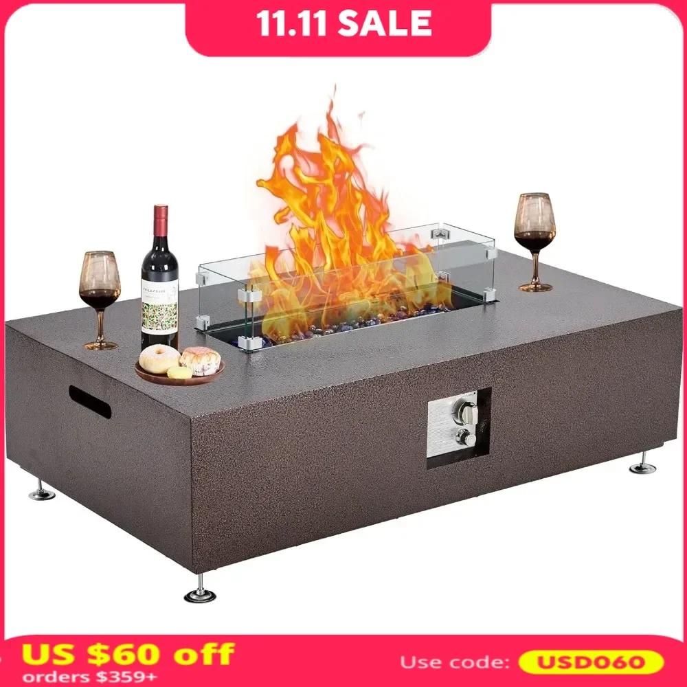 

48" Propane Fire Pit Table with Glass Windshield，50000BTU with 8 Lbs of Colored Glass Beads for Garden Patio，Fire Pit Table