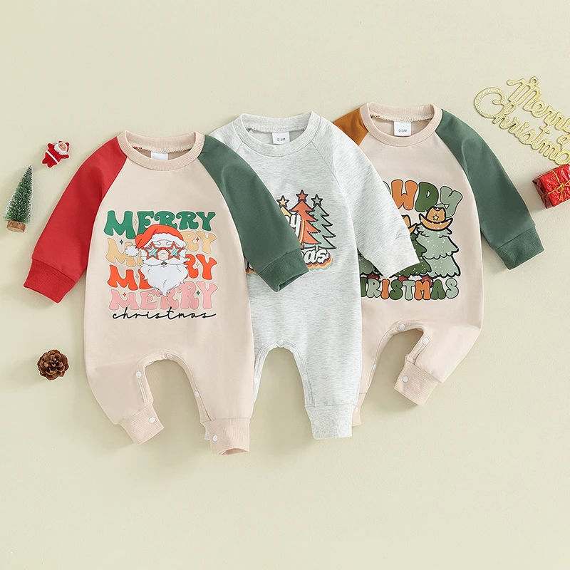 2023-10-06 Lioraitiin0-18M bayi laki-laki perempuan Natal Jumpsuit tambal sulam lengan panjang huruf Natal/baju monyet cetak Santa Claus