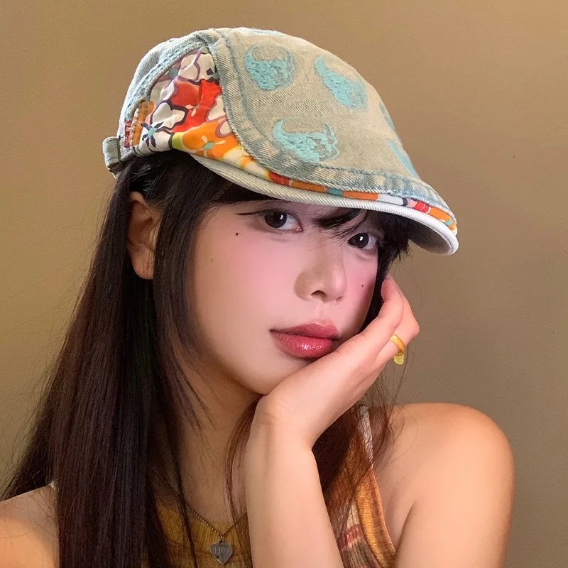 Unique Washed Vintage Embroidered Denim Forward Cap for Men, Japanese Retro Style, Artist Newsboy Cap for Women, Beret