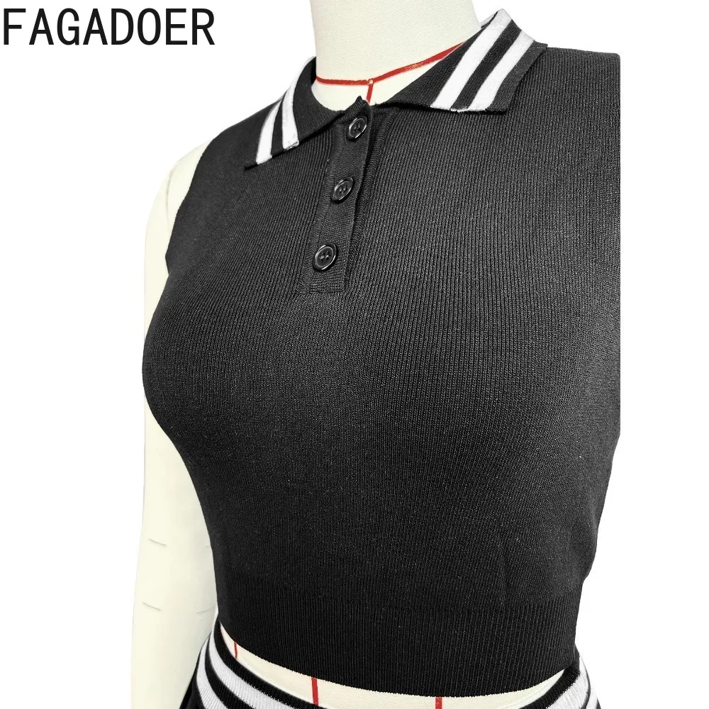 FAGADOER Summer New Splicing High Quality Knitting Two Piece Sets Women O Neck Sleeveless Crop Top + Pleated Mini Skirts Outfits