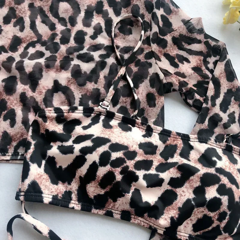 Long Sleeve 3 Piece Swimsuit High Cut Leopard Cover Up Push Up Bikini Separate Sports Bandage Bathing Suit Thong Swimwear 2024