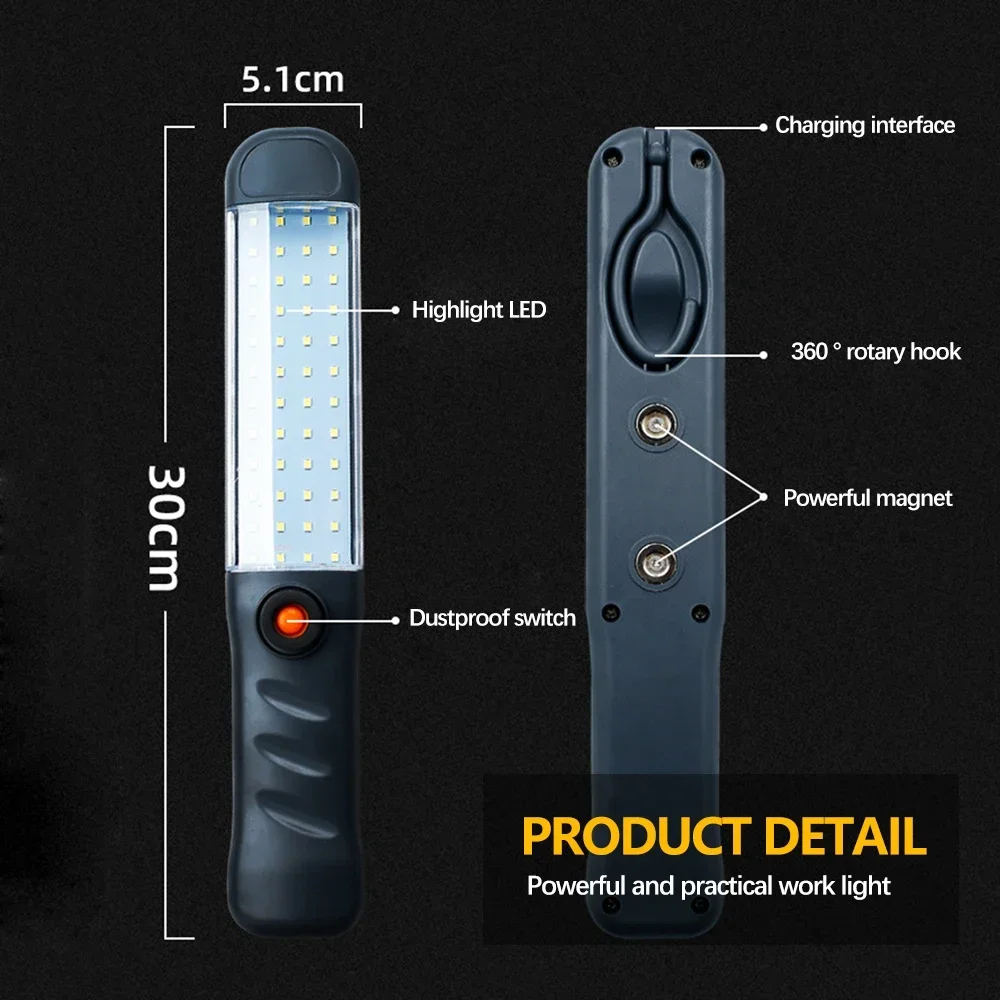 Portable Magnetic Auto Repair Work Light USB Rechargeable LED Flashlight With Magnet Hook For Car Repair Fishing Emergencies