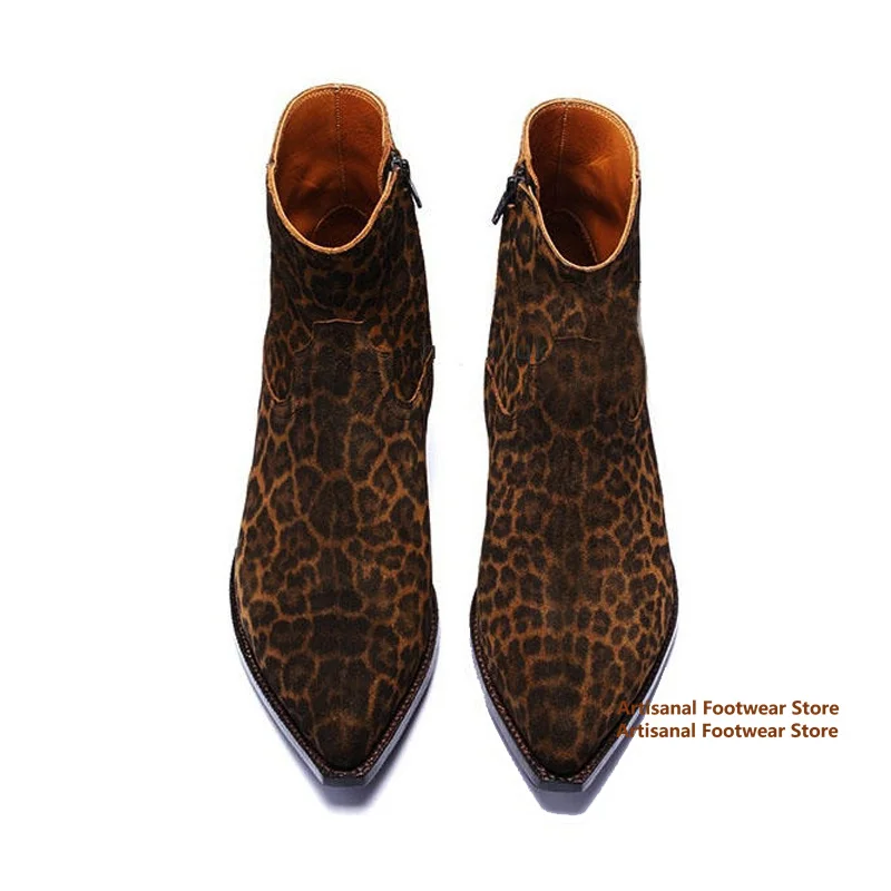Leopard Print Chelsea Boots Pointed Suede Men's Booties Classic Stylish Men's Boots Handmade Men Shoes New In Runway Botas