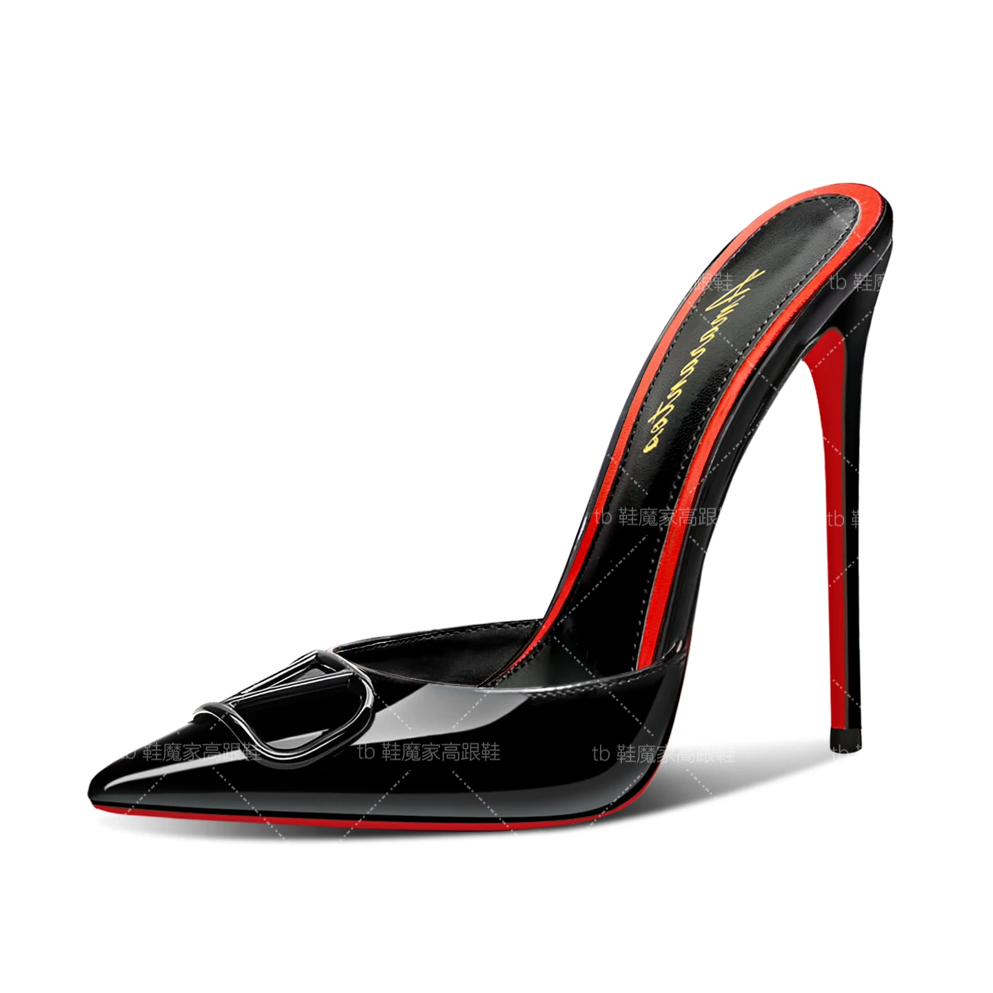 

Новые пустые полутапочки на ультратонком каблуке с черными женскими босоножками с острым носком, высокие каблуки с V-образной кнопкой для верхней одежды.