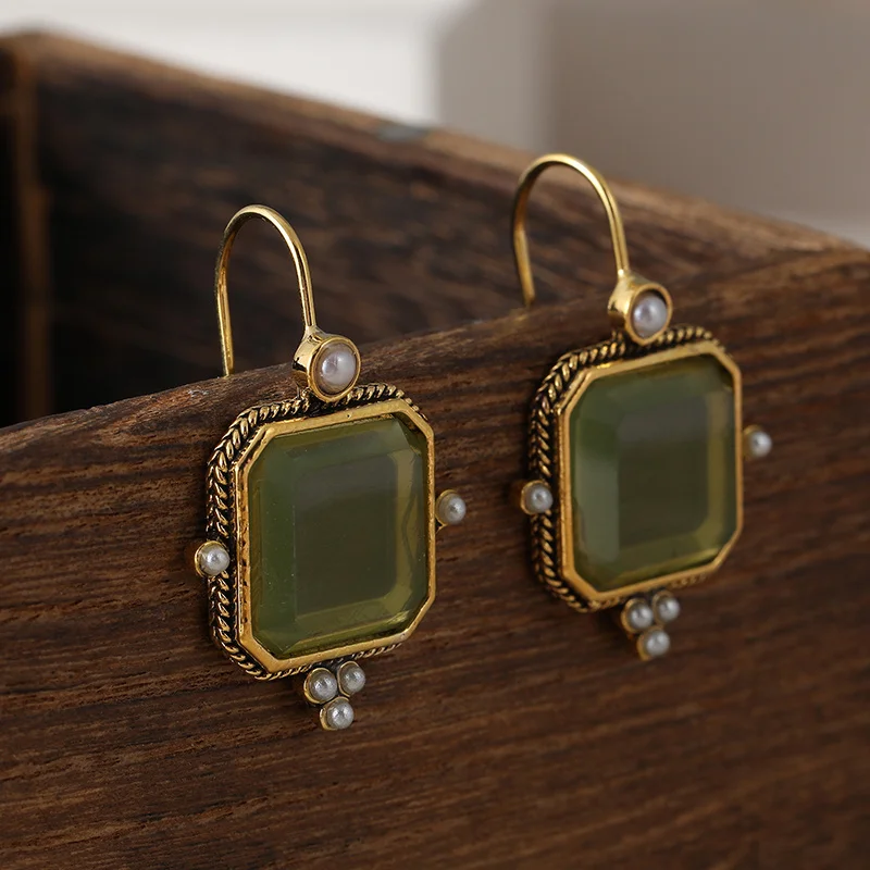 Vintage Intaglio 2024 New Trend Green Color Square Inlay Pearls Dangle Earrings For Women Party Birthday Antique Custom Jewelry image 5