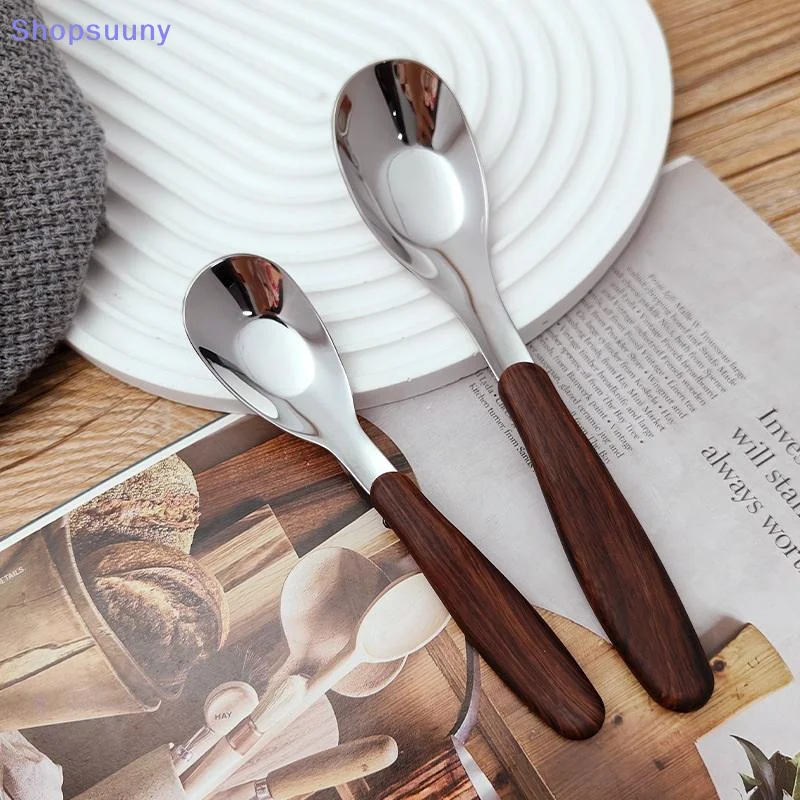 [SU]Stainless Steel Spoon With Imitation Wood Grain Handle Kitchen Tableware Dinnerware Dinner Dessert Rice Soup Spoons Gadgets