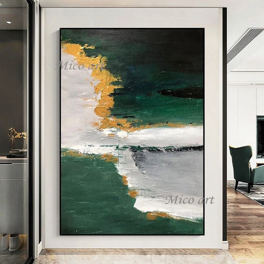 Abstract Oil Painting Canvas Roll Artwork for Living Room Decoration, Unframed Chinese Wall Art, Green and White Color Pictures