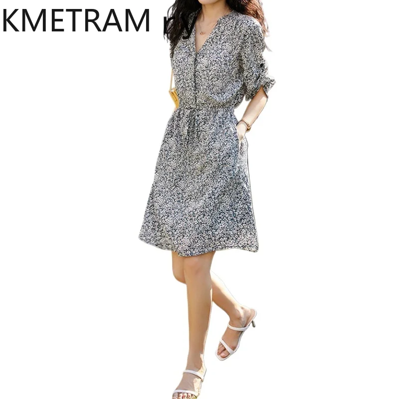 KMETRAM-vestido de seda de morera con estampado francés para mujer, vestidos pequeños de flores blancas, color gris, estilo delgado, novedad de verano, 2024