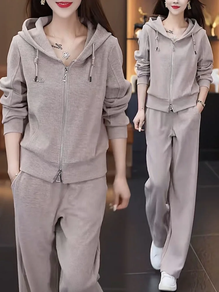 Lässiges Sportbekleidungsset für Damen, Kapuzenpullover, weites Bein, Hose, zweiteiliges Set, trendiger Herbst 2025, Neuankömmling, bequeme Polyesterfaser