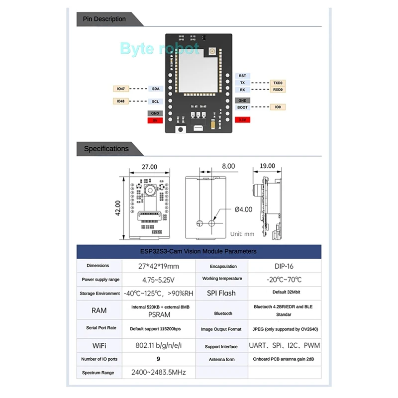 ABSU ESP32-S3 Модуль Wi-Fi-камеры Модуль AI Vision Поддержка передачи видео Wi-Fi Распознавание лиц и цветов Двухрежимный комплект